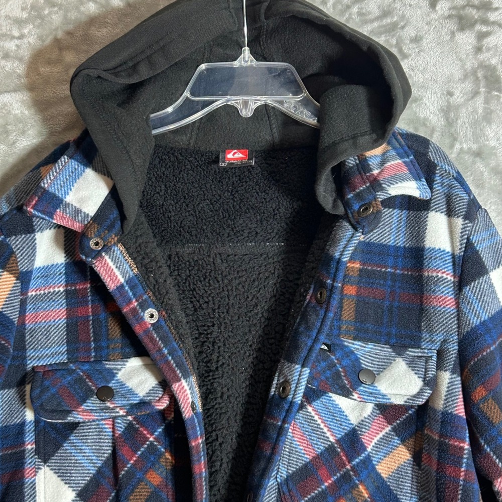 Quiksilver Men Hooded Flannel Shirt Jacket Blue Plaid Sherpa Lined Small Shacket - Picture 2 of 13